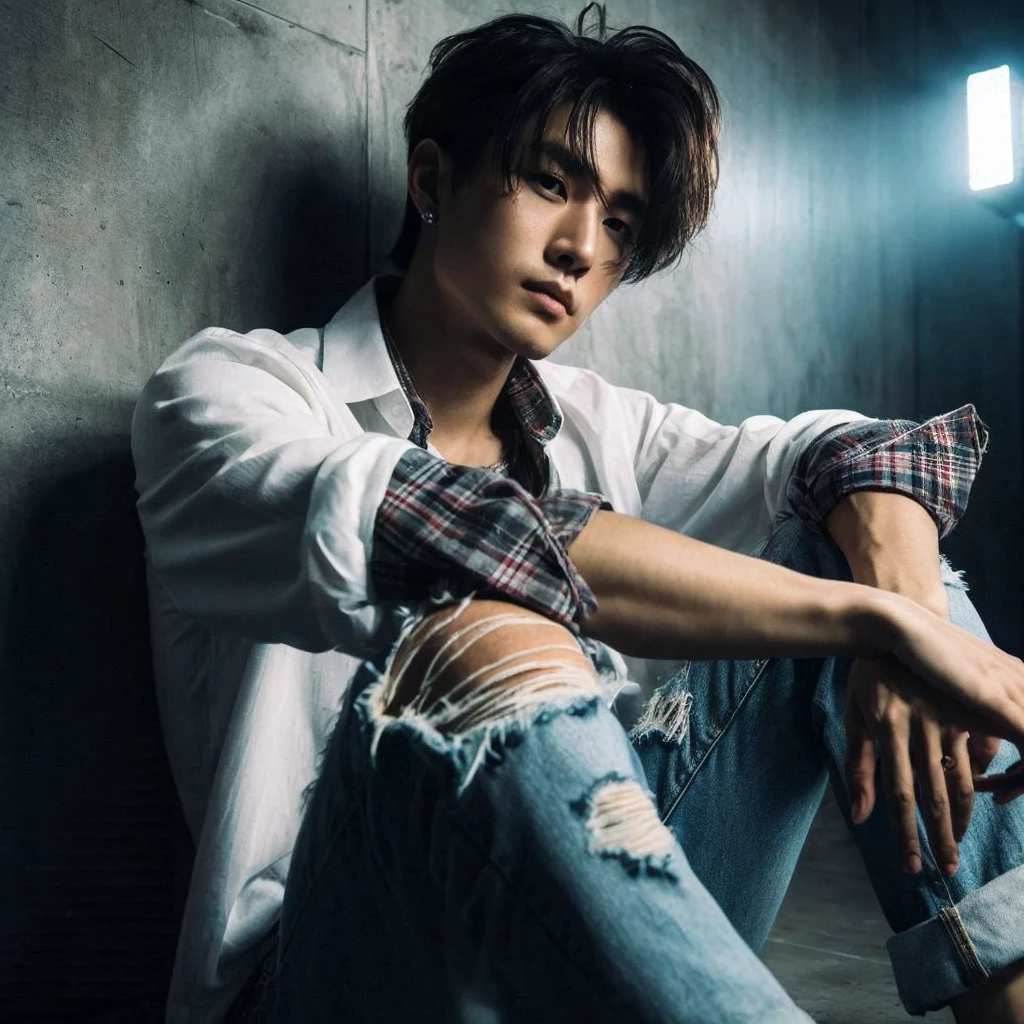 long shoot portrait, a 27-year-old Korean short mullet-haired man, wearing white shirts with flannel shirts torn blue jeans, ideal body, ideal height, sitting crouching on the floor leaning against a wall in a dark hallway with one light light, dim light, face down, realistic photo, ultra realistic, ultra-resolution, ultra-quality, ultra-resolution, ultra-resolution, very detail, 16k