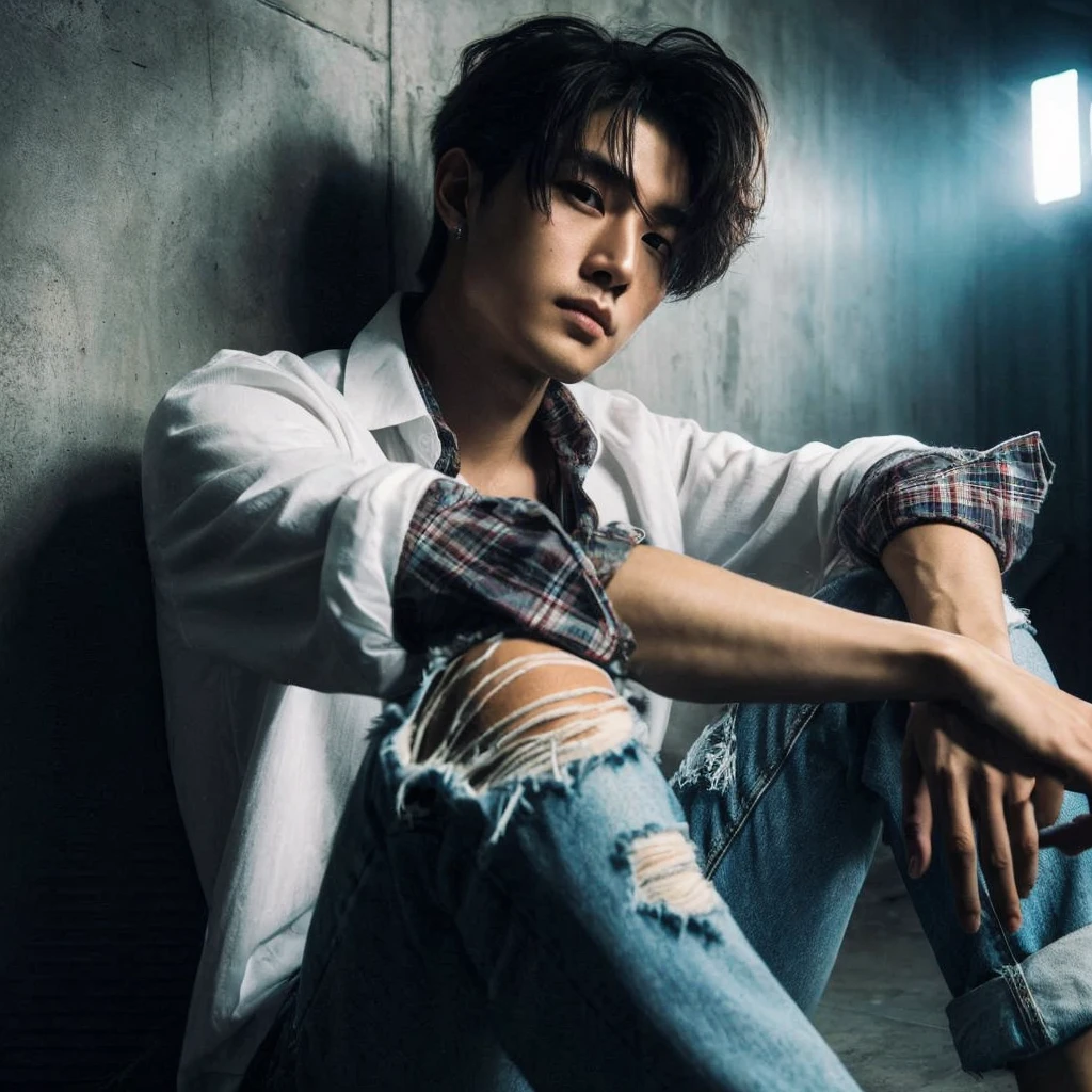 long shoot portrait, a 27-year-old Korean short mullet-haired man, wearing white shirts with flannel shirts torn blue jeans, ideal body, ideal height, sitting crouching on the floor leaning against a wall in a dark hallway with one light light, dim light, face down, realistic photo, ultra realistic, ultra-resolution, ultra-quality, ultra-resolution, ultra-resolution, very detail, 16k