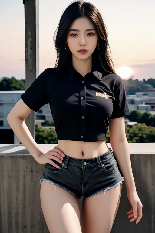 Close-up of a Southeast Asian woman with a round face., ,ผมหางม้าlong hair,float up, black eyes, staring at the viewer, abdominal muscles, shiny body, Large chest 38 inches, morning sun, ((face details)), Double eyelids, realistic, Masterpiece, Highest quality, lens flare, shade, [[Chromatic aberration, digital painting, 8K, 45,000,000,000 pixels,, t-shirt, long hair,black eyes,abdominal muscles, The body is beautiful and strong., rounded chest, (digital painting, HDR, high contrast