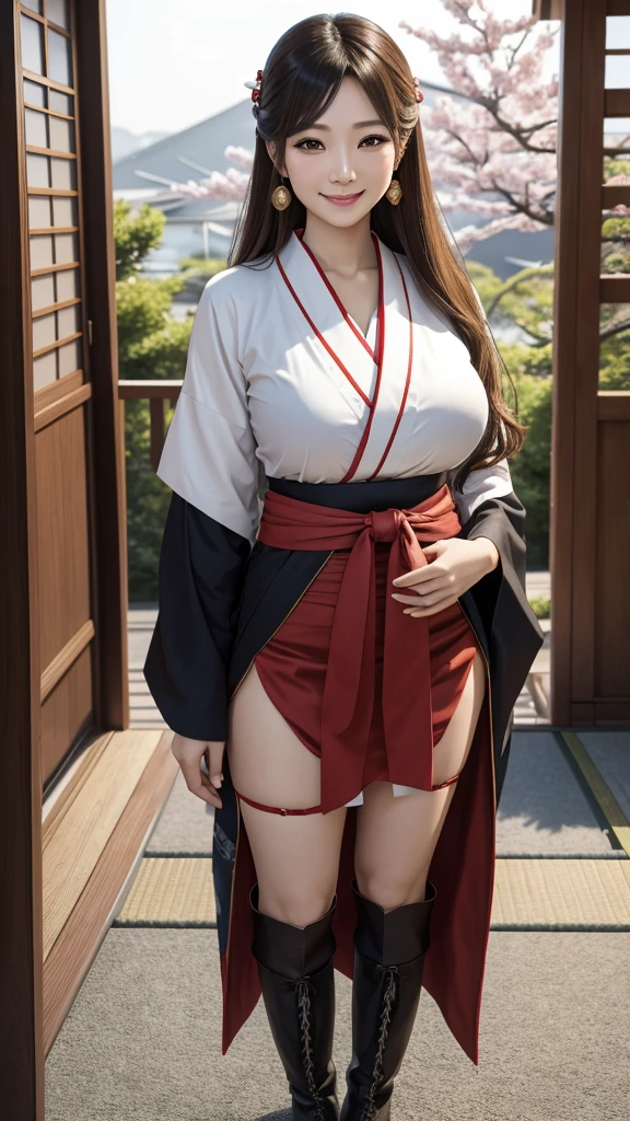 Characters from Japanese folktales adapt to modern culture and create new stories. They incorporate modern values and technology, aiming to merge classical and contemporary elements. 8K , HD, highly detailed, realistic, photography, photo realism, --ar 9:16 -- at 6.0 --s 750,alone, Long Hair, View your viewers, Blonde, Brown eyes, gem, whole body, Realistic, Sexy、Big Breasts 、stockings、clip on earrings,during,bracelet、smile,hakama, boots