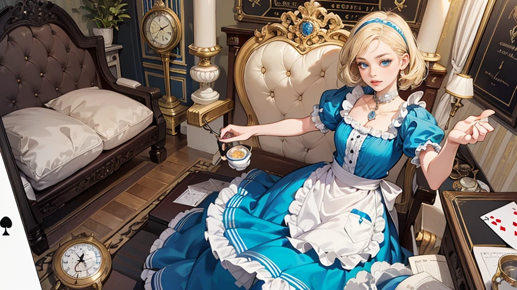 masterpiece, Highest quality, Portraiture, One Girl,Alice in Wonderland, Blue clothes, White apron, Blonde, blue eyes, Large pocket watch,, Giant Pocket Watch Playing Cards, Tea cup, Dynamic pose,Electro Swing