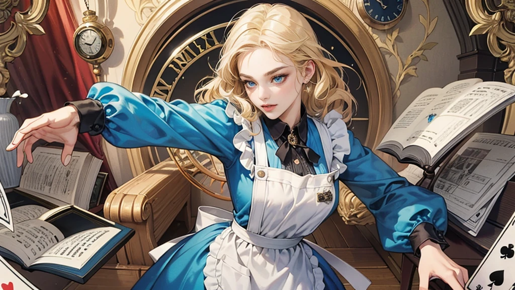 masterpiece, Highest quality, Portraiture, One Girl,Alice in Wonderland, Blue clothes, White apron, Blonde, blue eyes, Large pocket watch,, Giant Pocket Watch Playing Cards, Tea cup, Dynamic pose,Electro Swing