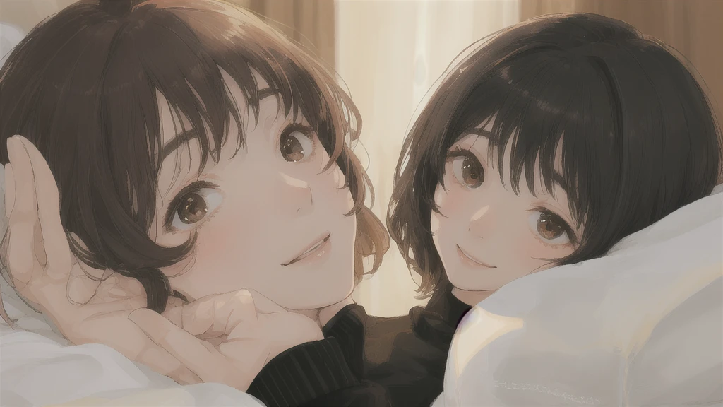 woman、One person、On the bed、Black knit、valley、Looking up、Brown eyes、Black Hair、smile、front、Upper body close-up