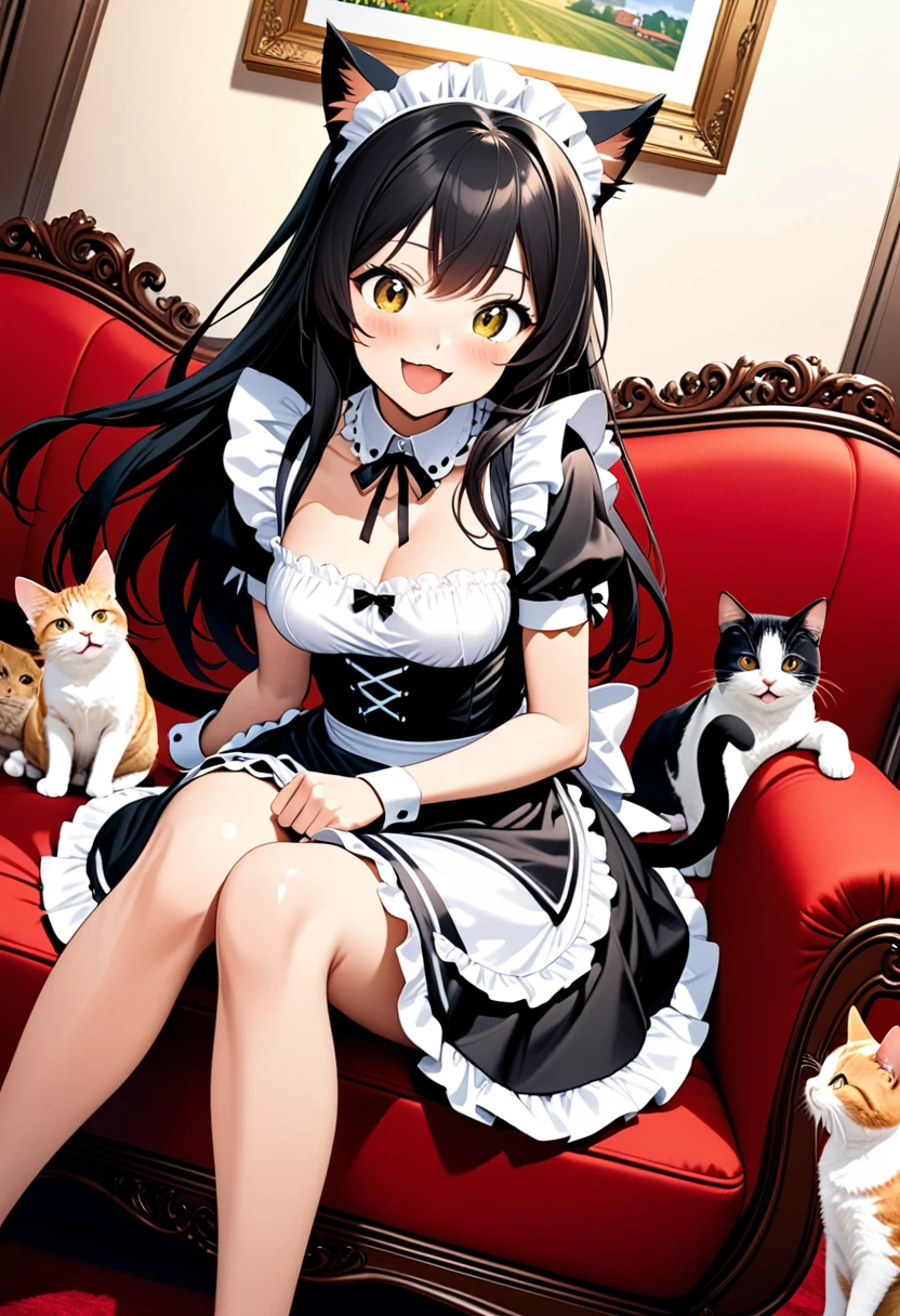detailed illustration, dynamic angle, ultra-detailed, illustration, 1girl, medium breasts, sitting on a red velvet couch, catgirl, cats, black hair, long hair, cat ears, cat tail, french maid outfit, smiling, happy, eager, loving,