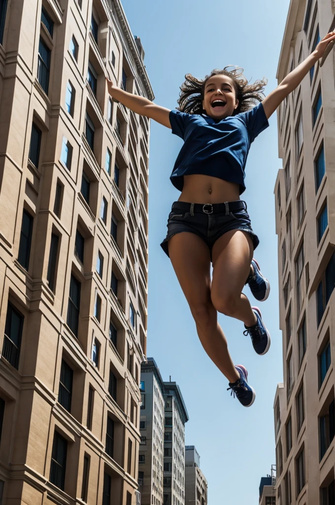 A girl jumping from one building to another.