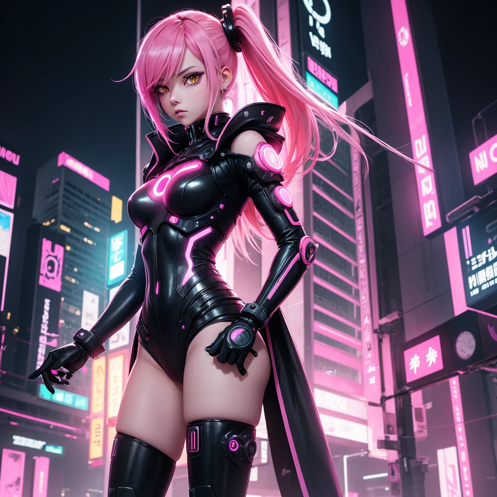 Lonely Android Girl with pink hair in a pink suit with small yellow elements woman half cyborg modification Sad Beautiful sexy with bright yellow eyes stands at full height with a half turn sideways Anime Style black background Cyberpunk style, Sexy thighs, black background image of night black city and pink neon lights