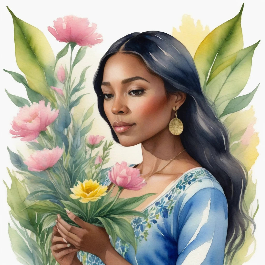 a watercolor illustration,In the image, there is a young black woman with long, dark hair. She is holding a small potted plant in her hands. The plant is green and has pink and yellow flowers. The woman is wearing a blue dress. The background of the image is white. The woman appears to be in a peaceful and serene environment. The image does not contain any text. The woman seems to admire the plant she holds in her hands. The colors in the image are vibrant and the overall mood of the image is calm and relaxing.