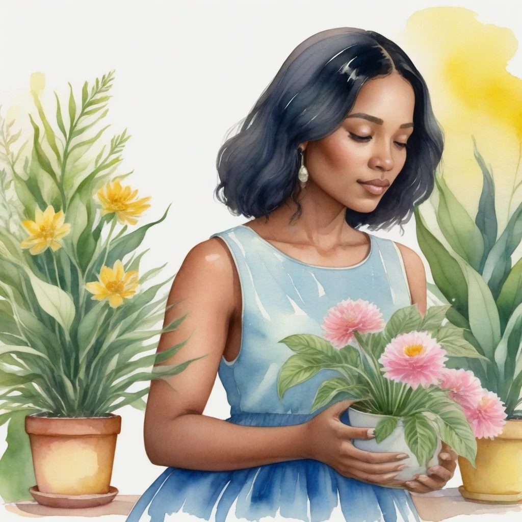 a watercolor illustration,In the image, there is a young black woman with long, dark hair. She is holding a small potted plant in her hands. The plant is green and has pink and yellow flowers. The woman is wearing a blue dress. The background of the image is white. The woman appears to be in a peaceful and serene environment. The image does not contain any text. The woman seems to admire the plant she holds in her hands. The colors in the image are vibrant and the overall mood of the image is calm and relaxing.