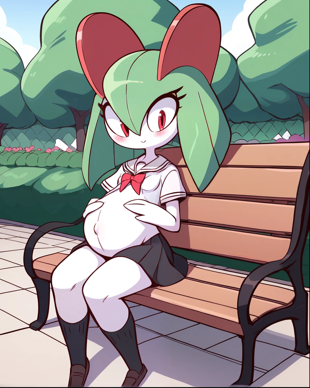 score_9, score_8_up, 1girl, kirlia, happy, full body, outdoors, human proportions, looking at viewer, by diives, pregnant, pregnancy, shy smile, rubor, mirada tranquila, tranquila, sentada, bench, parque, park, manos en el vientre, hands on belly, , black skirt, short skirt, ((anime school uniform))
