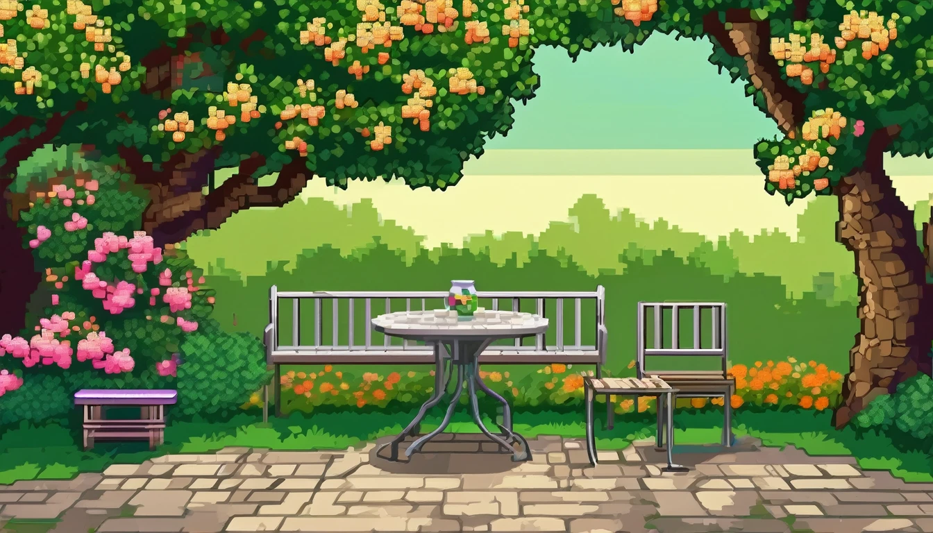 a backyard with a tree, a small patio set with one chair and small table, a stone path and a flowering bush background multiple texture spritesheet, pop-art-and-cartoon-style themed, 2d side scroller game, front view, pixel art