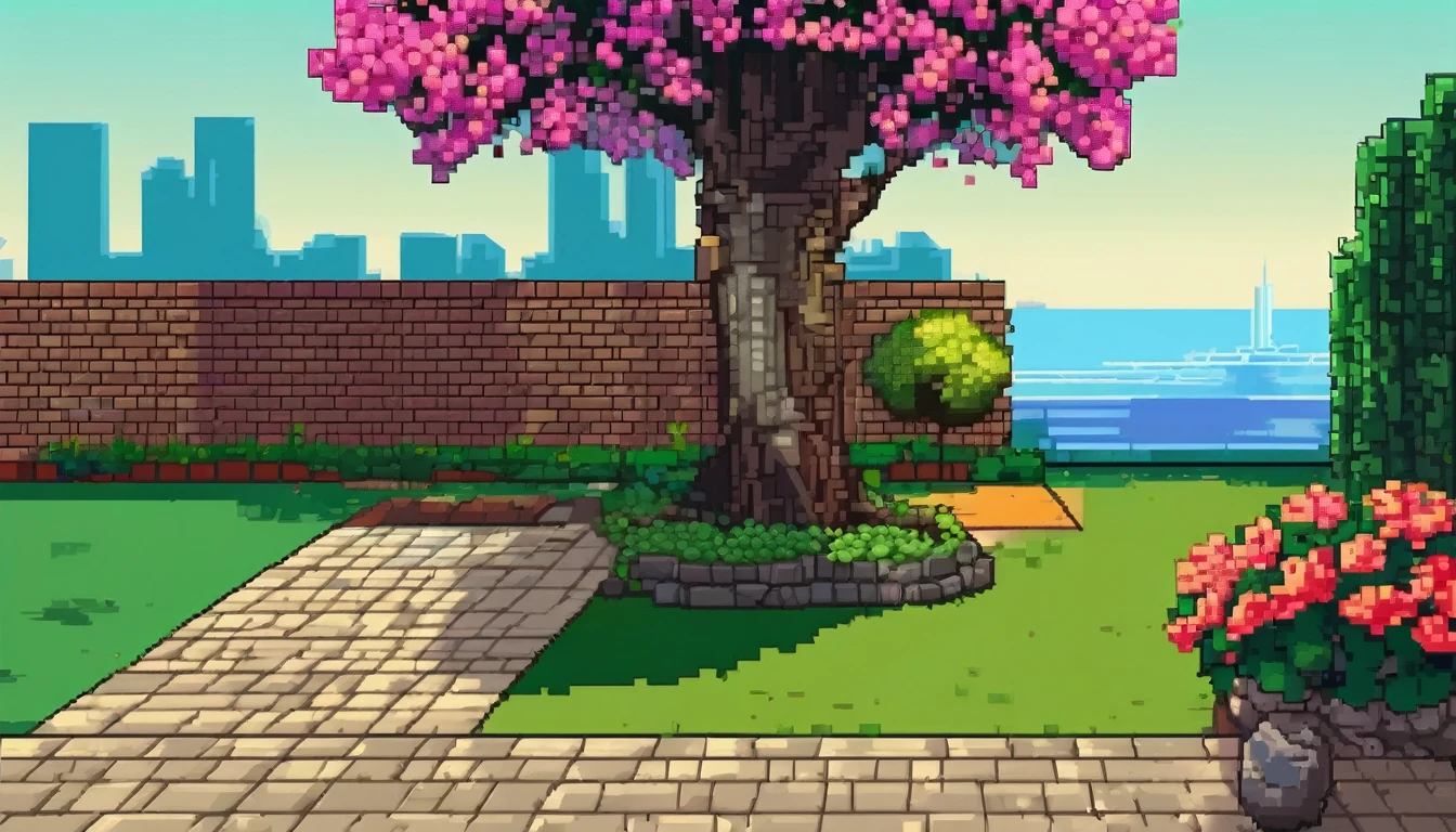 a backyard with a tree, a small patio set with one chair and small table, a stone path and a flowering bush background multiple texture spritesheet, pop-art-and-cartoon-style themed, 2d side scroller game, front view, pixel art