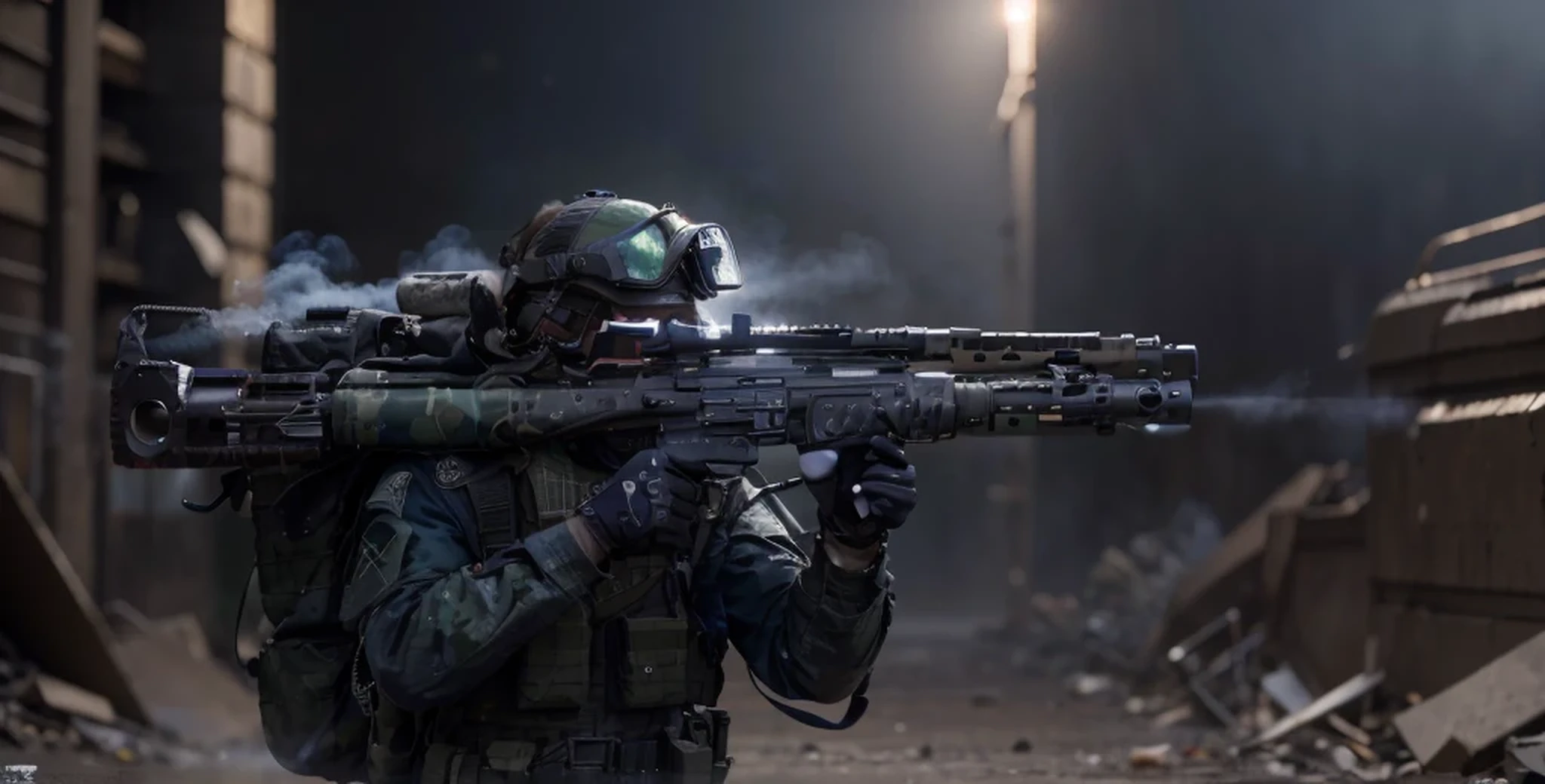 male soldier, advanced military helmet with visor and gas mask, dark blue and green camouflage military uniform, bulletproof vest, hands with gloves, holds a modern railgun, a cable comes out of the weapon, modern backpack with batteries and cables, belt with ammunition, is in a totally destroyed modern city, night light, Flames, smoke, debris, hyperrealistic, 4k, Ultra detailed image, realistic, Highly detailed, perfect composition, gorgeous, Intricately detailed, incredibly detailed, Art photography 8K, hyper detailed , Masterpiece, Ultra detailed, hyper realistic, 4k, Ultra detailed image, realistic, Highly detailed, perfect composition, beautiful, intricately detailed, incredibly detailed, art photography 8k, hyper detailed, masterpiece