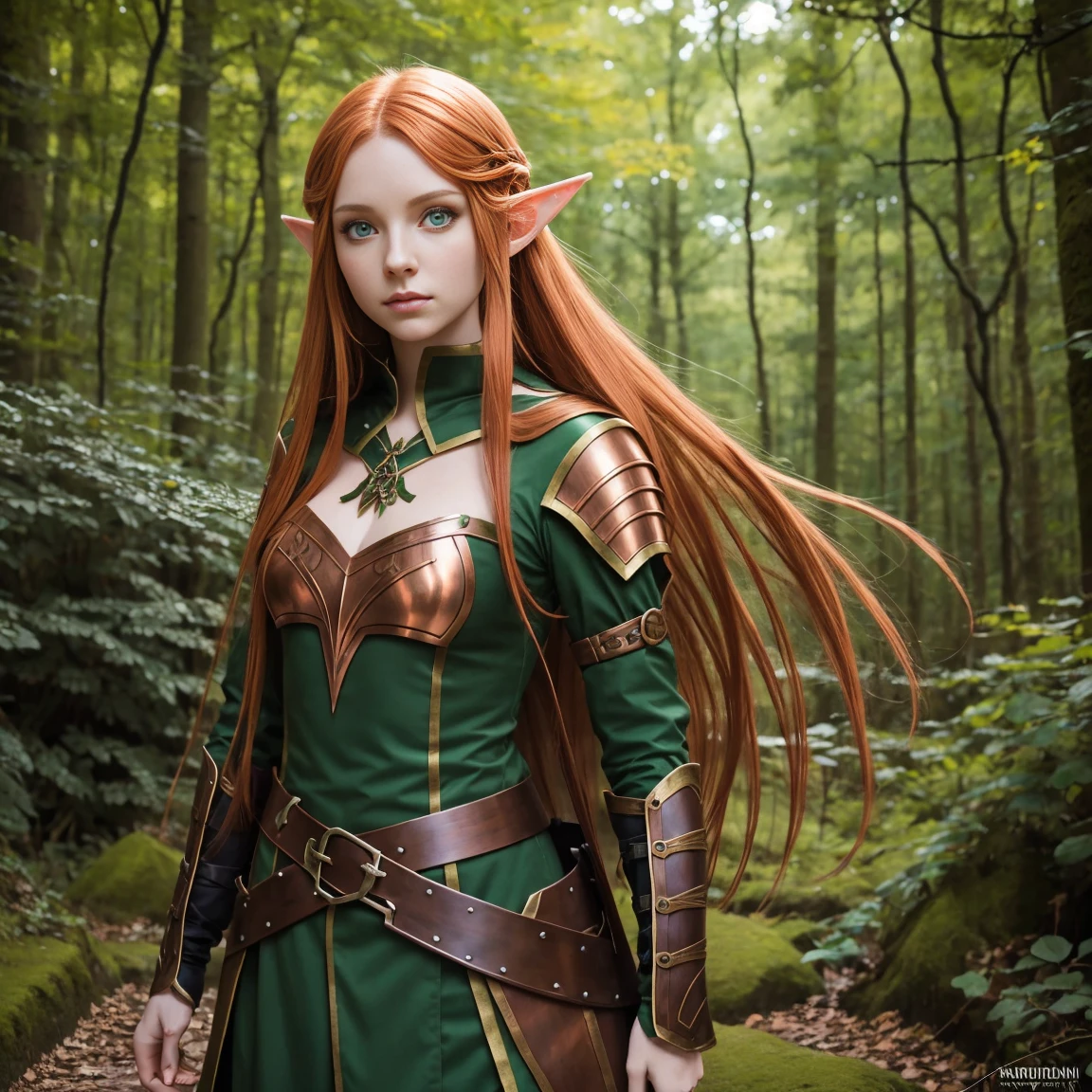 elf, young female, long hair, copper colored hair, medieval fantasy outfit, woodland outfit, green eyes, bright green eyes, pale skin, thin, attractive, anime drawing,