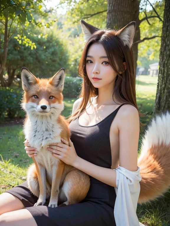 ((Highest quality, 32k)), ((masterpiece)), (Familiar), Perfect Face, Fox Girl, pretty girl, Outdoor, model, One tail, She has a fox&#39;s tail, She grows a fluffy tail, Beautiful hip line, Thick thighs, Fur collar, A large tail sticks out, Get on all fours and turn around, Wagging his tail happily, She only has one tail