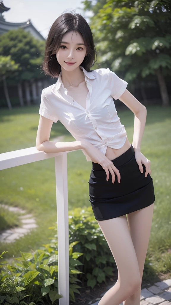 RAW, masterpiece, best quality, extremely detailed, 8k, HDR, photorealistic, intricate, (A Korean skinny girl), (black straight hair), (extremely-slim body), (narrow and small hips:1.3), (pale-porcelain skin), smile, standing, outdoors, wearing a (short sleeves shirt that is unbuttoned), and (extremely-short black microskirt:1.3), (close-up picture) 