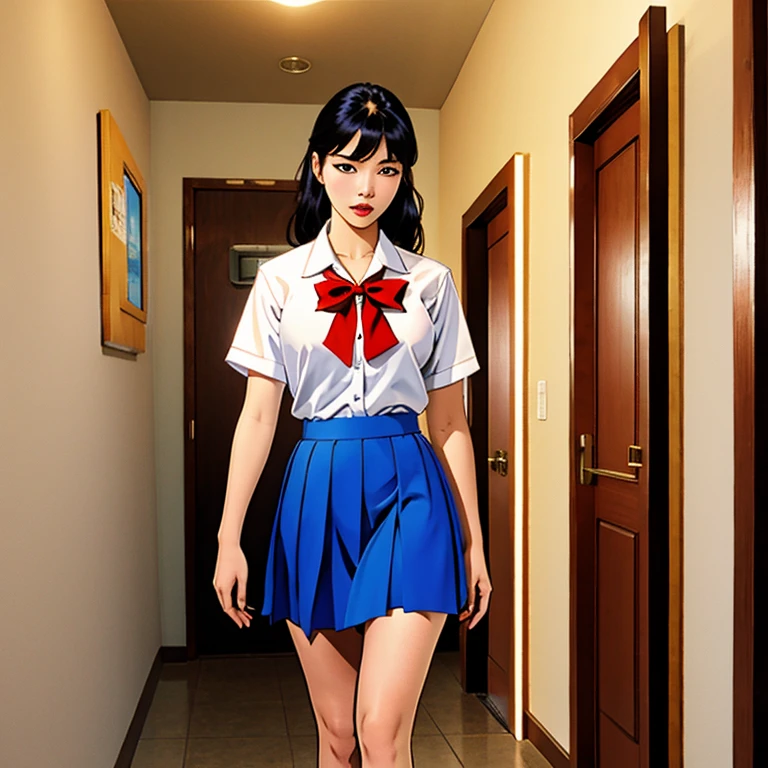 Standing in the hallway of a high school in a traditional  uniform, Korean female fashion model, blue flared knee-length skirt, white sailor style button down shirt, with red bow at the neck, Lucky I look, breasts big, best qualityer, work of art, Super high resolution, realisitic,