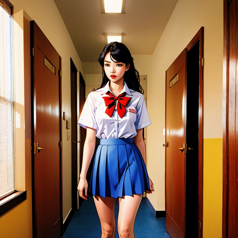 Standing in the hallway of a high school in a traditional  uniform, Korean female fashion model, blue flared knee-length skirt, white sailor style button down shirt, with red bow at the neck, Lucky I look, breasts big, best qualityer, work of art, Super high resolution, realisitic,