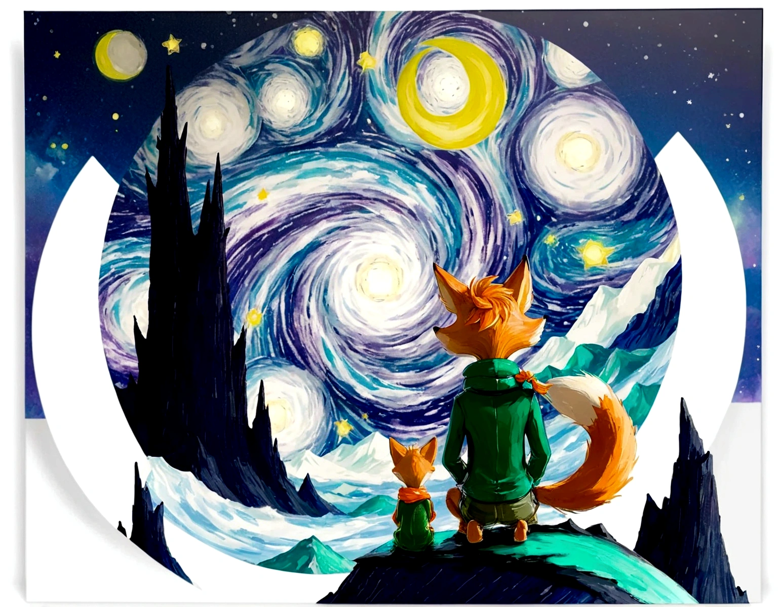 A human boy on his back in a green suit and a gold scarf sitting next to a cute orange fox looking at a mountain and the stars, of his little asteroid where he has a red rose,but these look super out of focus due to the pollution of the place where they are with colors that would not be seen