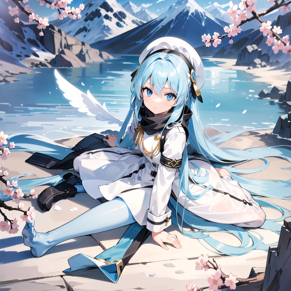 masterpiece, highest quality, highest resolution, clear_image, detailed details, light blue hair, long hair, one girl, light blue eyes, white pantyhose, black military clothing, light blue scarf, light blue wings (4 wings), cute, full body, no water marks, mountain (cherry blossom mountain)