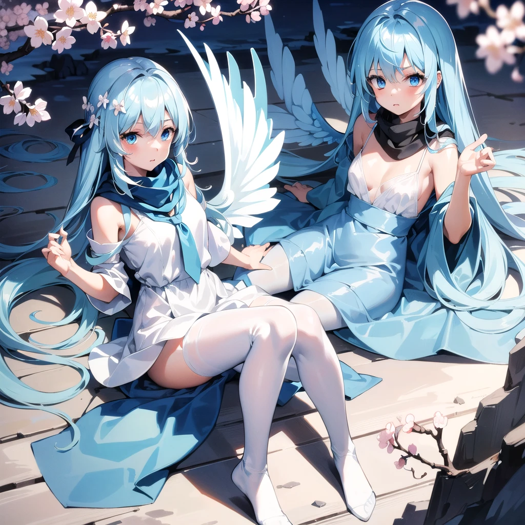 masterpiece, highest quality, highest resolution, clear_image, detailed details, light blue hair, long hair, one girl, light blue eyes, white pantyhose, black military clothing, light blue scarf, light blue wings (4 wings), cute, full body, no water marks, mountain (cherry blossom mountain)