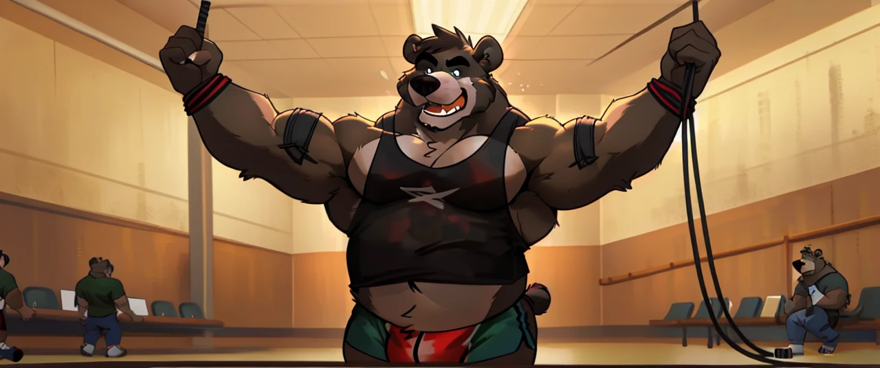 ((masterpiece, best quality)),solo, 1bear, solo, baloo, huge thick muscular, black gym shorts, black tank top, black eyes, furry, bear, no humans, gymnasium, cable crossover machine set, pulling the cables, growling and grunting, being super strong