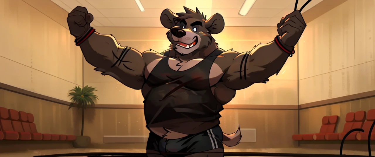 ((masterpiece, best quality)),solo, 1bear, solo, baloo, huge thick muscular, black gym shorts, black tank top, black eyes, furry, bear, no humans, gymnasium, cable crossover machine set, pulling the cables, growling and grunting, being super strong