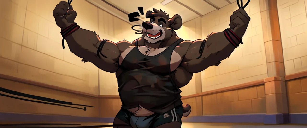 ((masterpiece, best quality)),solo, 1bear, solo, baloo, huge thick muscular, black gym shorts, black tank top, black eyes, furry, bear, no humans, gymnasium, cable crossover machine set, pulling the cables, growling and grunting, being super strong