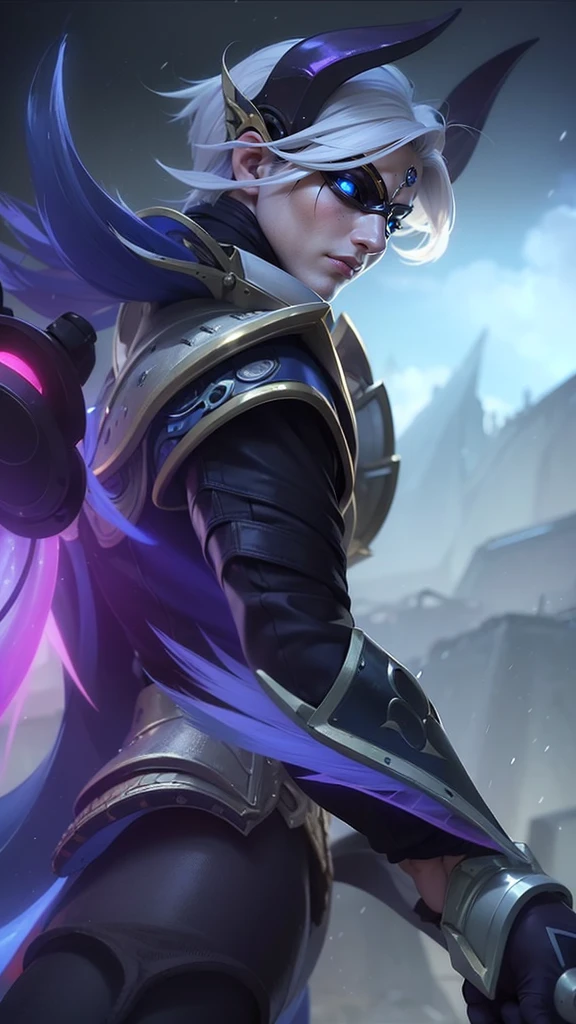 a close up of a boy with a steampunk mask on, velvet background, realistic suit, ezreal (league of legends, realism art, mobile legends, riot game, style league of legends, inspired by Li Shida, fighting game character, tracer, league of legends character, gold paladin, wukong, wild rift, purple and blue color, glow particle, white hair color, realistic suit masterpiece, sword, realistic sword, realism masterpiece, natural lighting, strong realistic texture, strong red eye glow, lots hair
