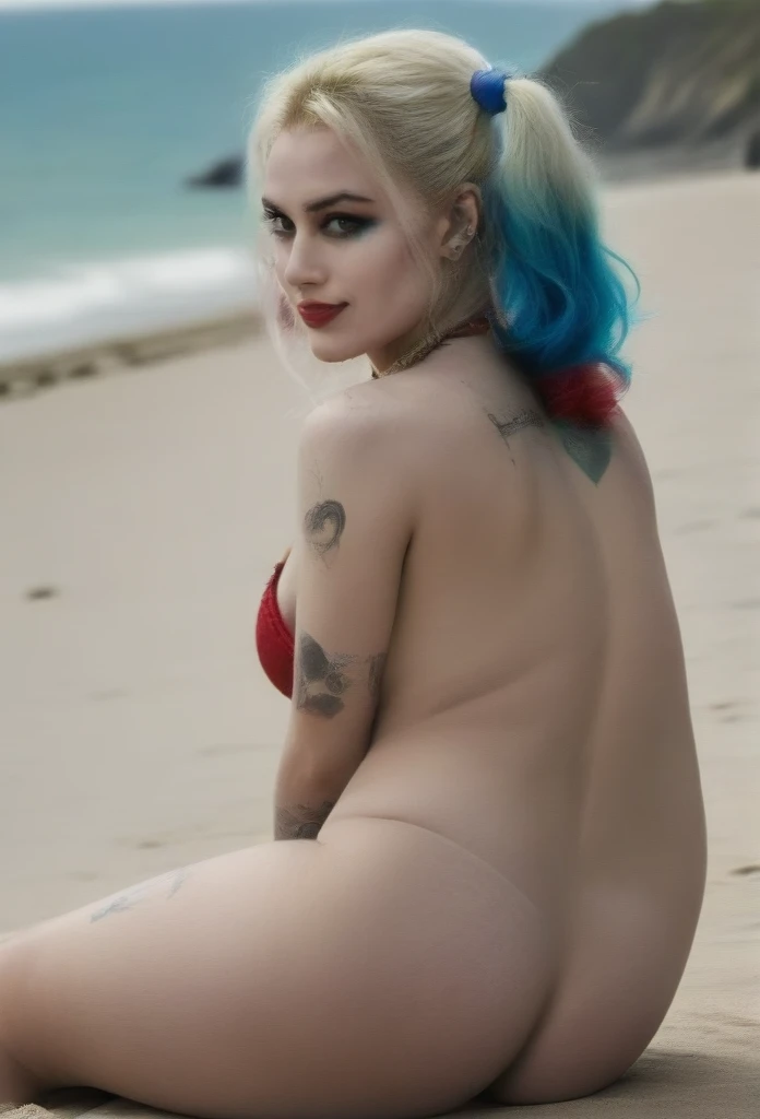 Harley Keown blue and red bikini beach ass Sitting from behind Seductive heart tattoo on the ass