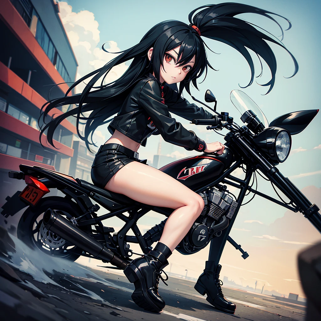 girl similar to gorillaz noodle, long black straight hair ((drawing)), ((anime girl nose)), riding a motorcycle, coming towards the viewer