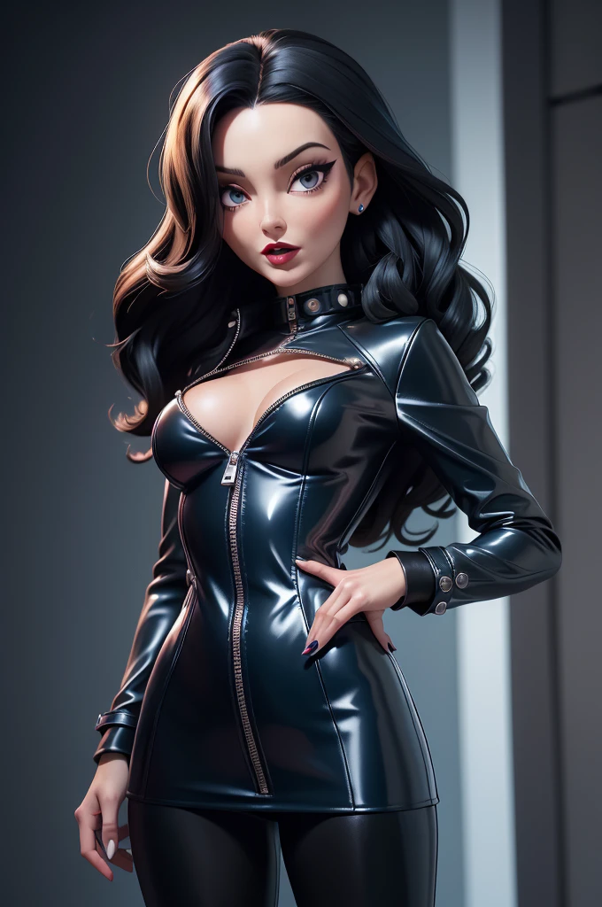 obra prima, melhor qualidade, ((only one woman,)) ((carolyn jones morticia, straight black hair,)) head back, ((sexy sultry wicked look, shiny red lipstick, open mouth, pucker mouth,)) thick smoky black eye shadow, long fake eyelashes, (magenta leather jacket with puff shoulder,) biker jacket has stiff collar, leather blouse, (gold silver leather sweater dress, metallic leather sun dress, leather culottes,) periwinkle blazer length leather coat, (cerulean blue pvc skirt, pockets, zipper side,) studs zippers snaps, shiny leather gloves, nip slip, body is skinny, shiny tight buttocks, arched back, camera view of whole body, looking up at me, shallow depth of field, highres, HD, 8k, anatomically correct