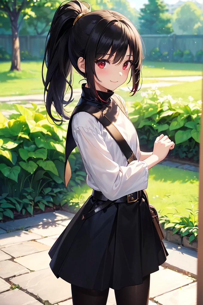 (masterpiece; best quality: 1.2), (finely detailed eyes: 1.3), ((10 year old female kid)), ((solo)), (red eyes: 1.4), (body; short, slender: 1.3), (black hair in ponytail: 1.3), (beautiful and clear background: 1.2), ((depth of field)), (clothes: wanderer mage attire + white-and-gold wide-sleeve high-neck shirt + very long black skirt + dark pantyhose + belts + traveler pouches and satchel: 1.3), (anime illustration: 1.2), (background; garden exterior: 1.1), (extremely fine and beautiful: 1.1), (shot composition; standing + centered on torso + close-up: 1.5), (expression; calm, smile: 1.2)