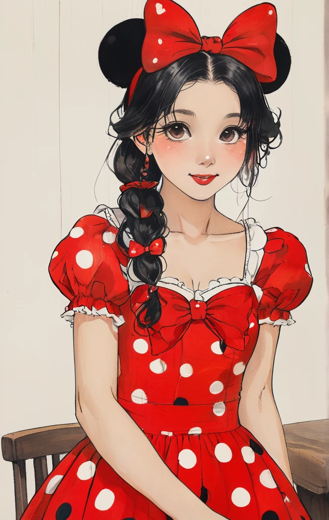 Beautiful woman in the same outfit as Minnie Mouse、smil、Dark hair、Black eyes、She wears a red ribbon with white polka dots on her head、The background is pop and cute...