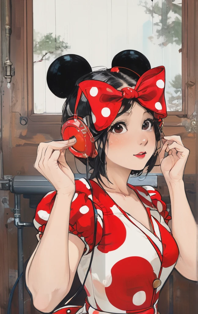 Beautiful woman in the same outfit as Minnie Mouse、smil、Dark hair、Black eyes、She wears a red ribbon with white polka dots on her head、The background is pop and cute...