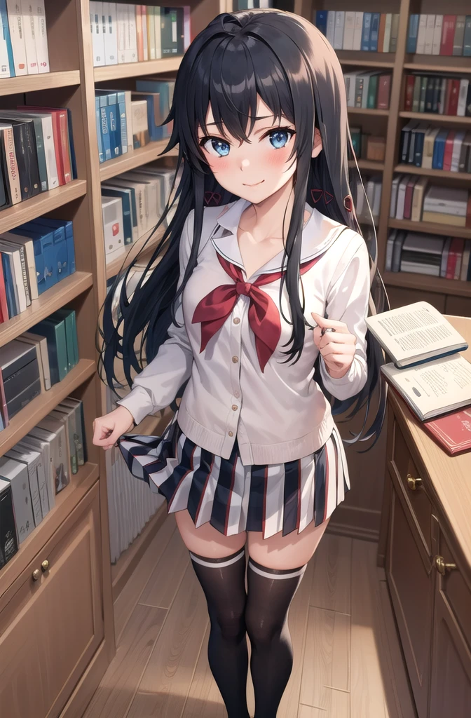 (masterpiece, best quality, detailed), 1girl, solo, yukino yukinoshita, long hair, hair ribbon, looking at viewer, 
, pleated skirt, neckerchief, kneehighs, miniskirt, hair ribbon, indoors, library, bookshelf, book, book stack, skirt lift, smirk, blush