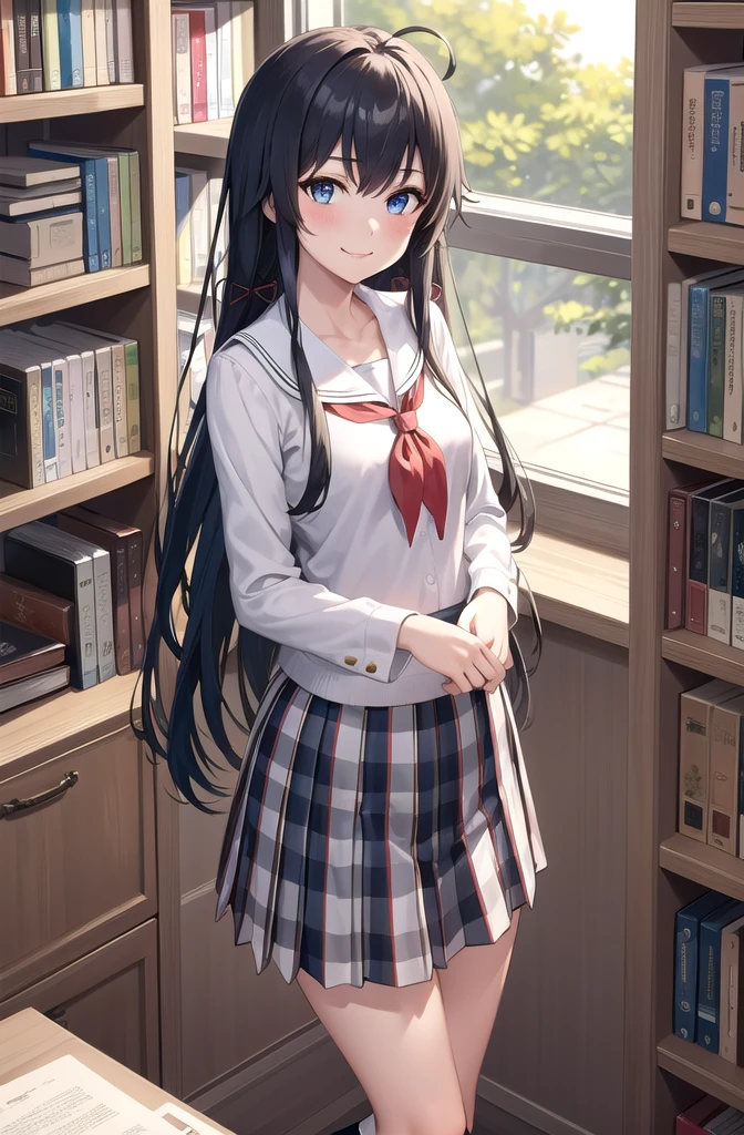 (masterpiece, best quality, detailed), 1girl, solo, yukino yukinoshita, long hair, hair ribbon, looking at viewer, 
, pleated skirt, neckerchief, kneehighs, miniskirt, hair ribbon, indoors, library, bookshelf, book, book stack, skirt lift, smirk, blush