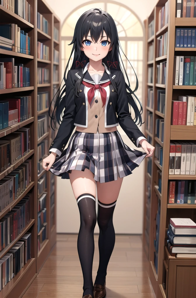 (masterpiece, best quality, detailed), 1girl, solo, yukino yukinoshita, long hair, hair ribbon, looking at viewer, 
, pleated skirt, neckerchief, kneehighs, miniskirt, hair ribbon, indoors, library, bookshelf, book, book stack, skirt lift, smirk, blush