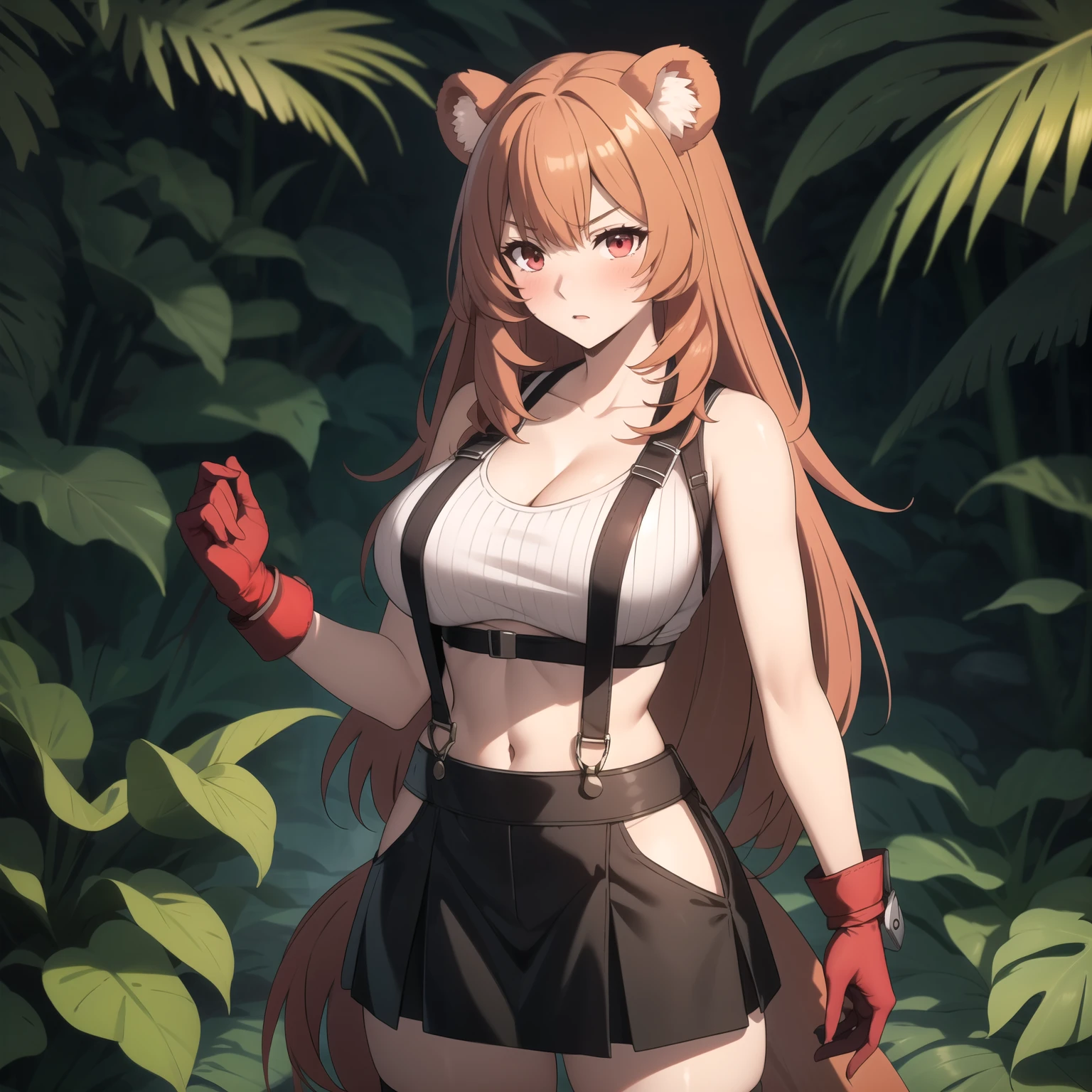 Raphtalia woman 20 years old straight orange hair , rounded bear ears, red eyes like ruby., serious expression, blush,  pale skin, big breasts,  Costume of ,Tifa Lockhart.  low-cut white dungarees, black skirt ,  bare abdomen, red gloves, background a temple in the jungle.