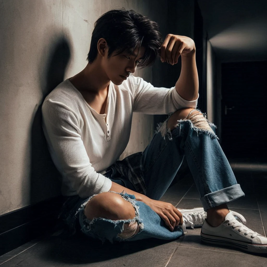 long shoot portrait, a 27-year-old Korean short mullet-haired man, wearing white shirts with flannel shirts torn blue jeans, ideal body, ideal height, sitting crouching on the floor leaning against a wall in a dark hallway with one light light, dim light, face down, realistic photo, ultra realistic, ultra-resolution, ultra-quality, ultra-resolution, ultra-resolution, very detail, 16k