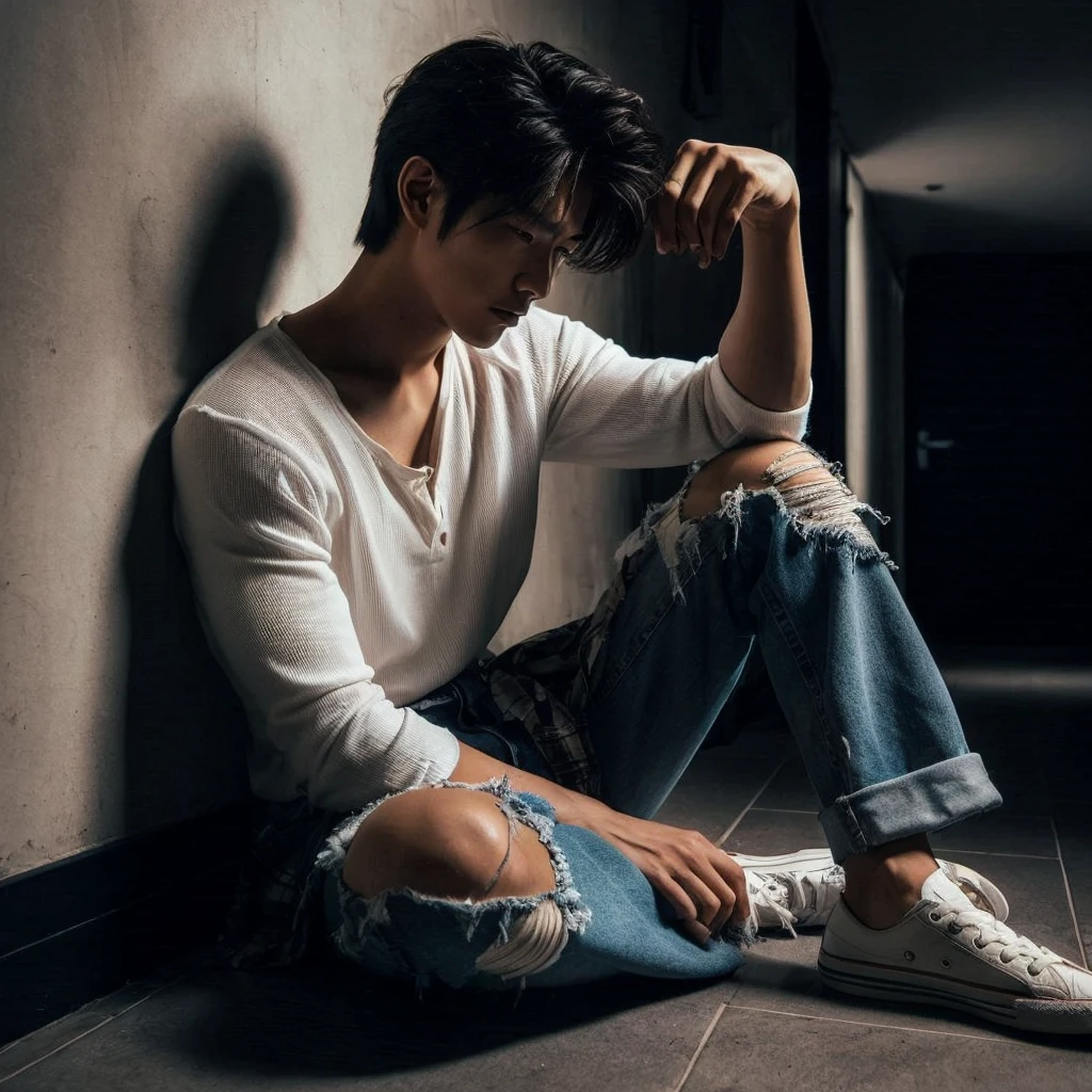 long shoot portrait, a 27-year-old Korean short mullet-haired man, wearing white shirts with flannel shirts torn blue jeans, ideal body, ideal height, sitting crouching on the floor leaning against a wall in a dark hallway with one light light, dim light, face down, realistic photo, ultra realistic, ultra-resolution, ultra-quality, ultra-resolution, ultra-resolution, very detail, 16k