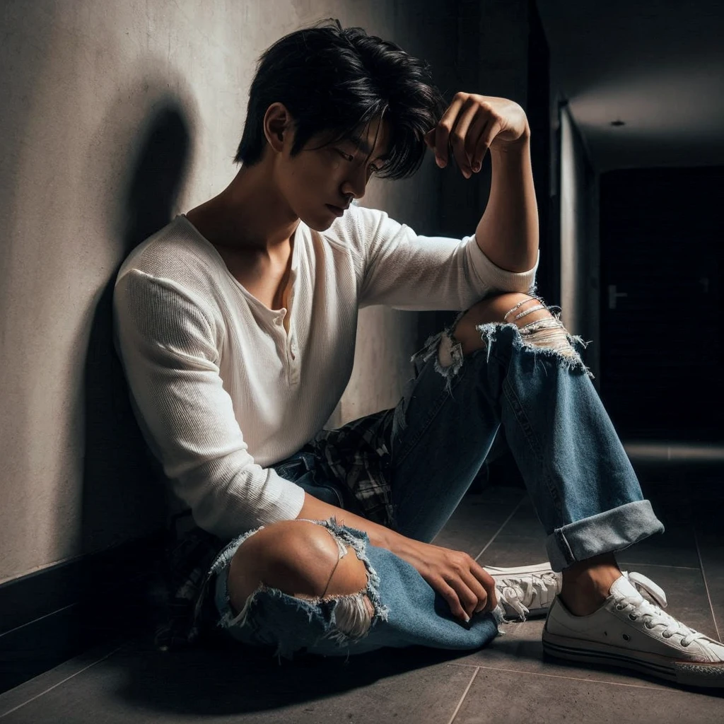 long shoot portrait, a 27-year-old Korean short mullet-haired man, wearing white shirts with flannel shirts torn blue jeans, ideal body, ideal height, sitting crouching on the floor leaning against a wall in a dark hallway with one light light, dim light, face down, realistic photo, ultra realistic, ultra-resolution, ultra-quality, ultra-resolution, ultra-resolution, very detail, 16k
