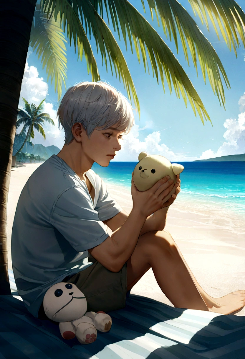 20 years old man with long white hair thoughtful with a stuffed animal in his hands , sitting on the beach with palm trees ,looking at the beach fully HD , anime ,hyperrealistic