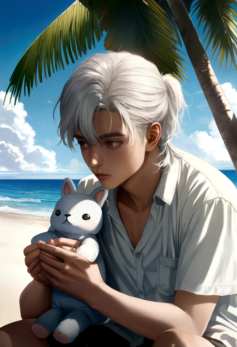 20 years old man with long white hair thoughtful with a stuffed animal in his hands , sitting on the beach with palm trees ,looking at the beach fully HD , anime ,hyperrealistic