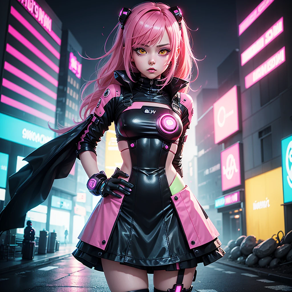 Lonely Android Girl with pink hair in a pink suit with small yellow elements woman half cyborg modification Sad Beautiful sexy with bright yellow eyes stands at full height with a half turn sideways Anime Style black background Cyberpunk style, Sexy thighs, black background image of night black city and pink neon lights