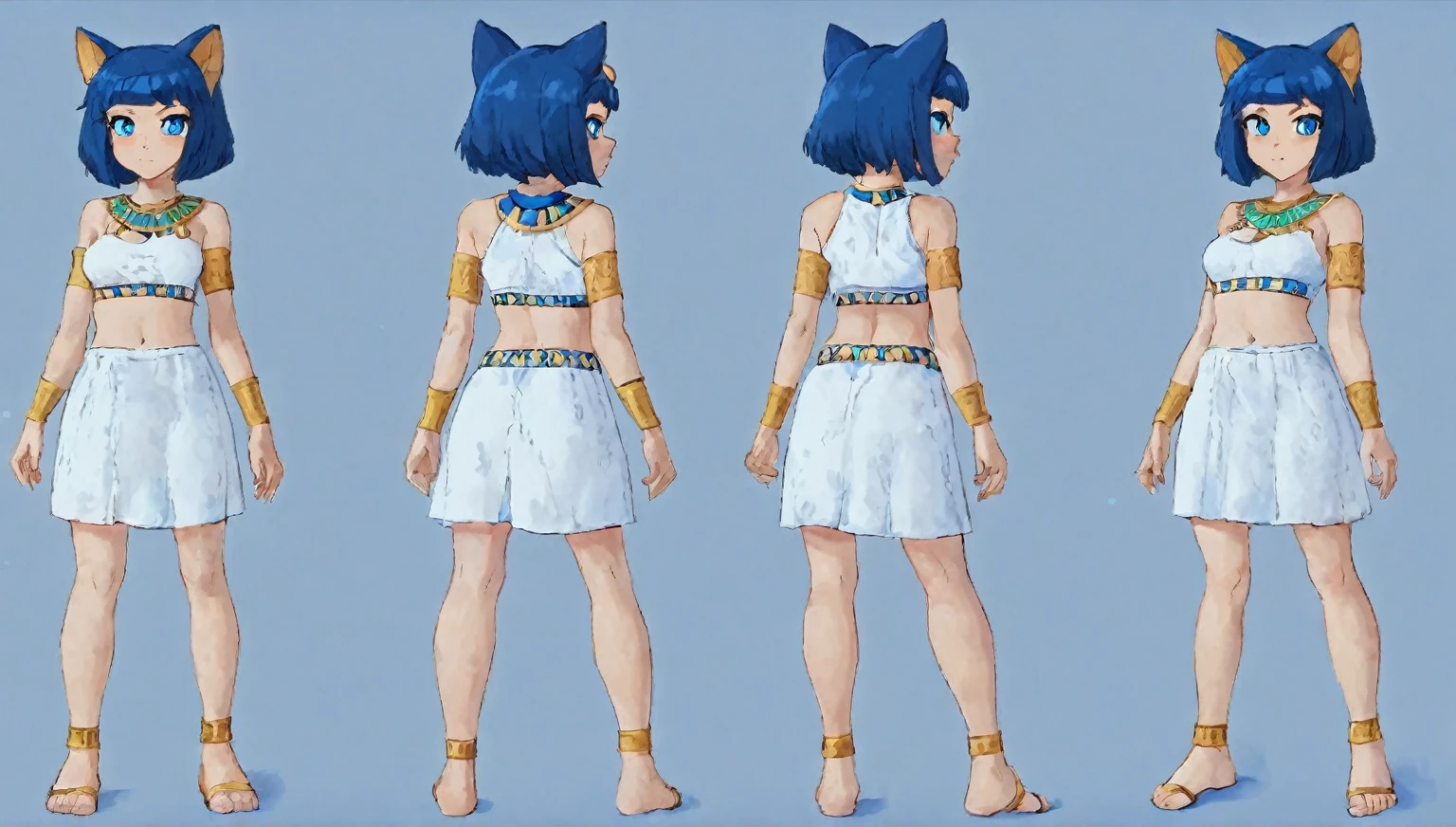 A woman in a white dress、Blue Hair的女子的特写, character model sheet turnaround, character turnaround, Animation character design, whole body拍摄转身, detailed whole body概念艺术, Colorful Concept Art, Anime Concept Art, whole body角色概念艺术, whole body概念艺术, game character concept art, Reference Model Table, Character Concept Reference Art,girl,animal,animal耳朵,Cat,Cat耳朵,Dark skin tone的女性,Dark skin tone,clothing,earrings,Jackal ears,Jewelry,Long hair,,beautiful girl,Standing,Sexy pose,Blue Hair,skin,Keep your mouth shut,Wear,whole body,solo,Standing,Cat尾巴,埃及Cat女神, bet, 身穿金Cat铠甲, Cat女, Egyptian God, Neferibido, anime Cat女, Hieroglyphics, Hieroglyphicsics, Pharaoh, Cat女, 索拉是一只Cat, tabaxi, 来自虚空的Cat