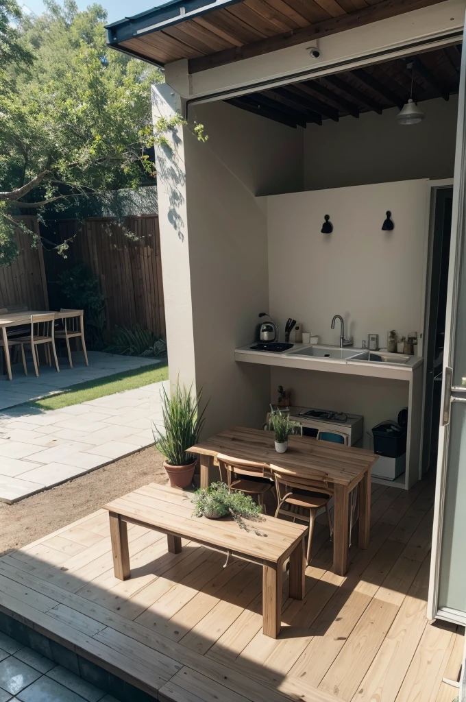 a kitchen measuring 6 meters by 4 meters with a sink on the wall that shares it with the outdoor area with little furniture