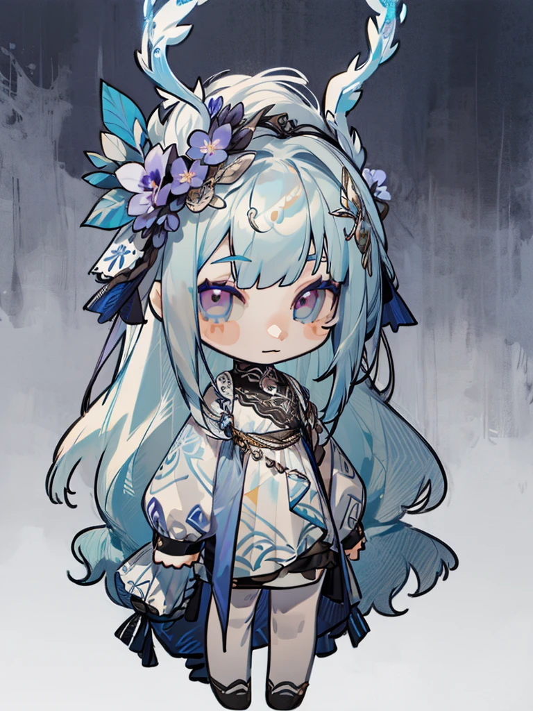 chibi, front facing, full body, solo, masterpiece, best quality, extremely detailed, detailed background, detailed face, 1girl, pale skin, long blue hair, deer ears, white deer horns, white elegant dress, blue flower, good finger, perfect face, intricate details, mystical forest theme