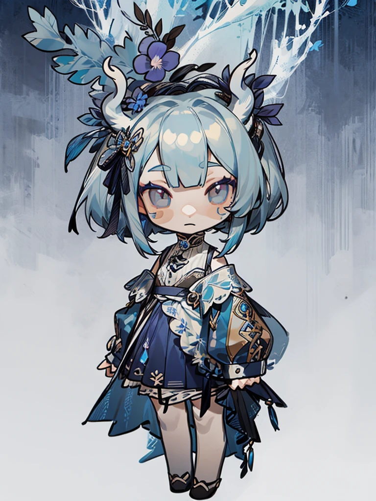 chibi, front facing, full body, solo, masterpiece, best quality, extremely detailed, detailed background, detailed face, 1girl, pale skin, long blue hair, deer ears, white deer horns, white elegant dress, blue flower, good finger, perfect face, intricate details, mystical forest theme