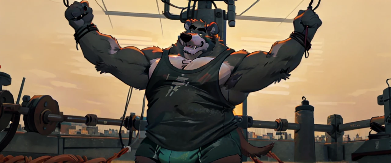((masterpiece, best quality)),solo, 1bear, solo, baloo, huge thick muscular, black gym shorts, black tank top, black eyes, furry, bear, no humans, gymnasium, cable crossover machine set, pulling the cables, growling and grunting, being super strong