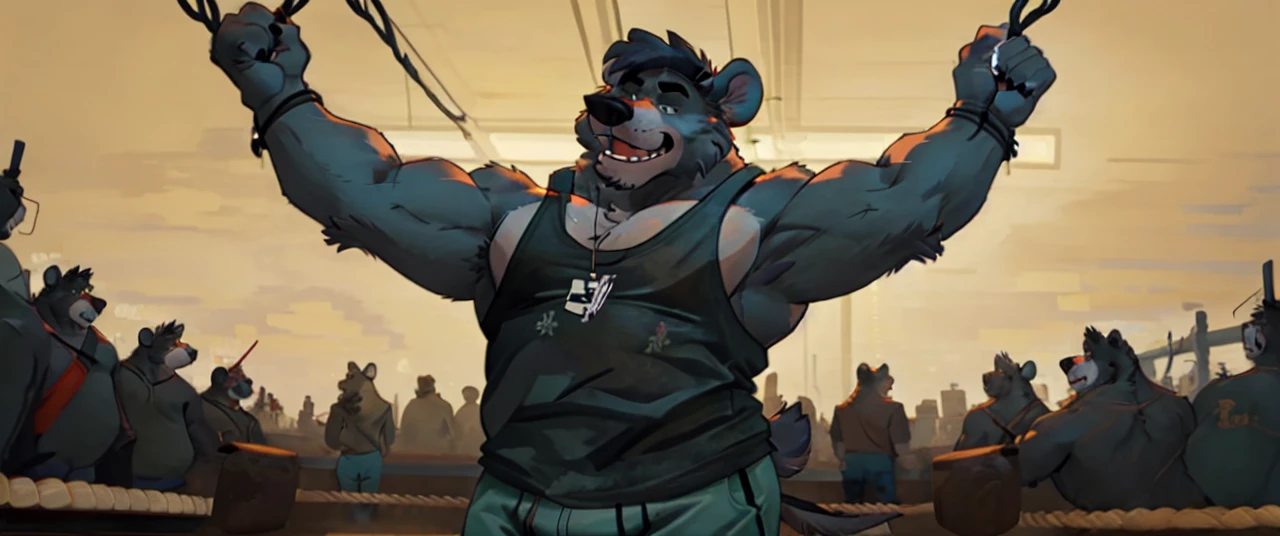 ((masterpiece, best quality)),solo, 1bear, solo, baloo, huge thick muscular, black gym shorts, black tank top, black eyes, furry, bear, no humans, gymnasium, cable crossover machine set, pulling the cables, growling and grunting, being super strong